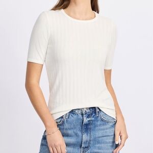 White Elbow Sleeve Pointelle Knit Ribbed Women's Top